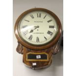Clocks: Early 20th cent. Mahogany fusee wall clock, Roman numerals, signed face Pearce Trowbridge.