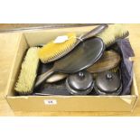 Late 19th early 20th cent. ebony treen dressing table tray, trinket pots, brushes and a bevel edge