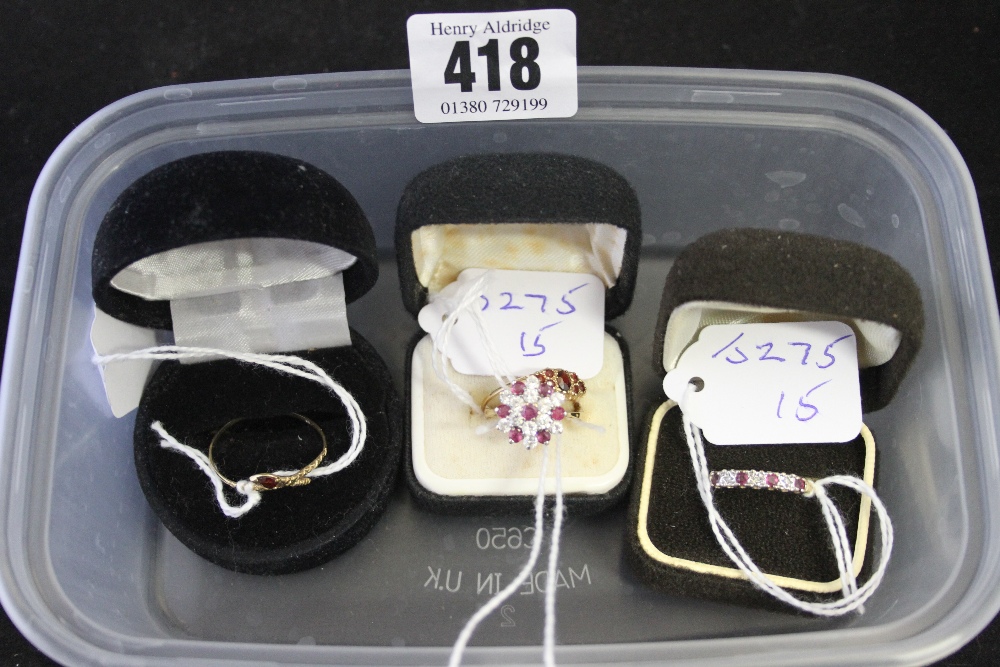 Hallmarked Gold: 9ct. Rings ½ hoop intermittent red and white stones, snake head with red stones,