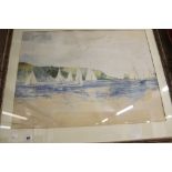 20th cent. Roland Foster: J. Class "Yachts off a headland" off the Isle of Wight, watercolour.