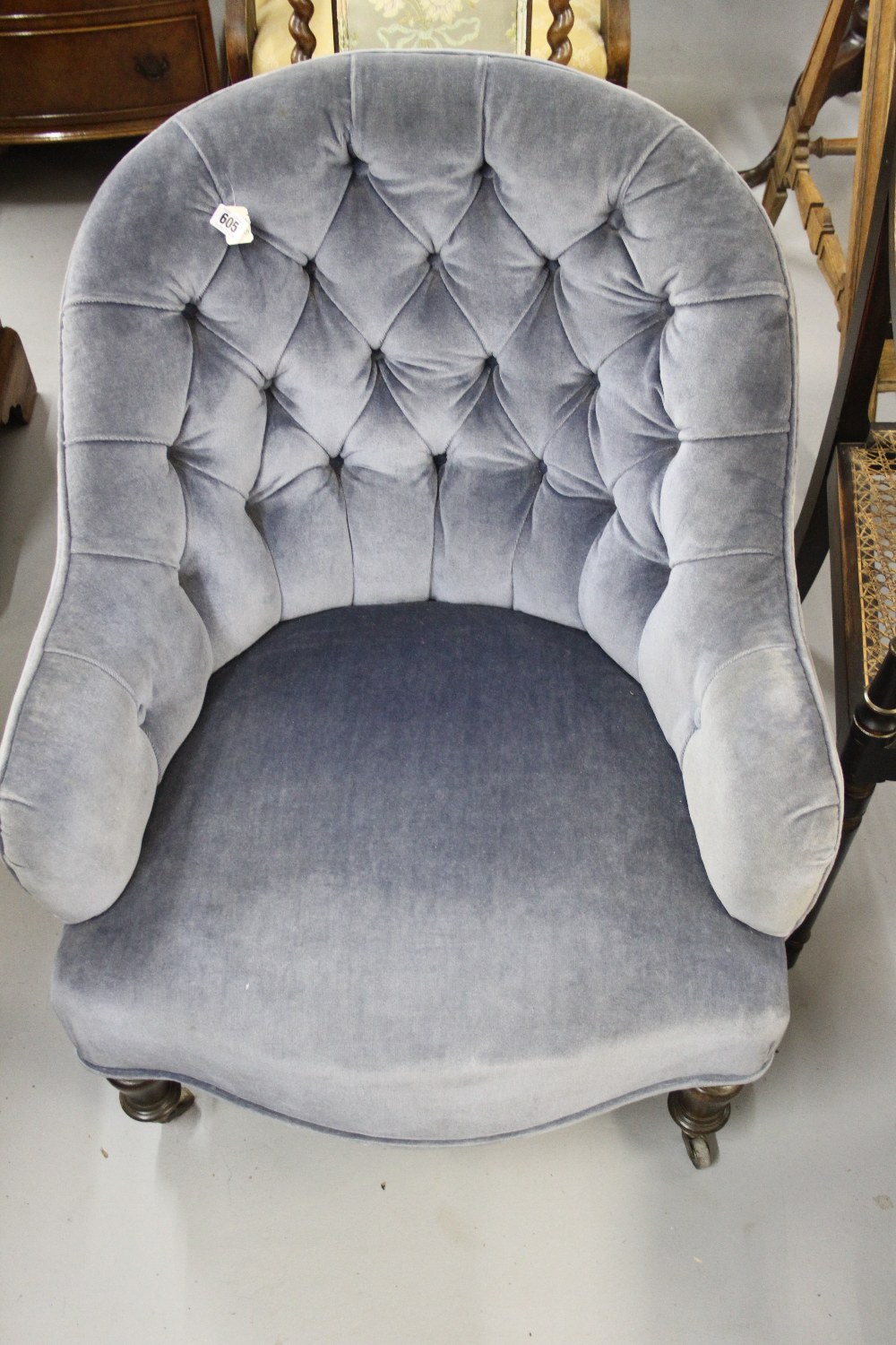 Early 20th cent. Upholstered button back nursing chair.