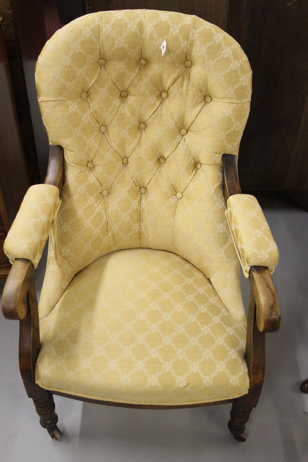 19th cent. Ladies open armchair, spoon & button backed upholstered seat & arms, turned front