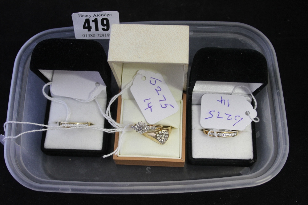 Hallmarked Gold: 9ct. Rings heart shaped cluster of white stones, 2 x ½ hoop ring of white stones