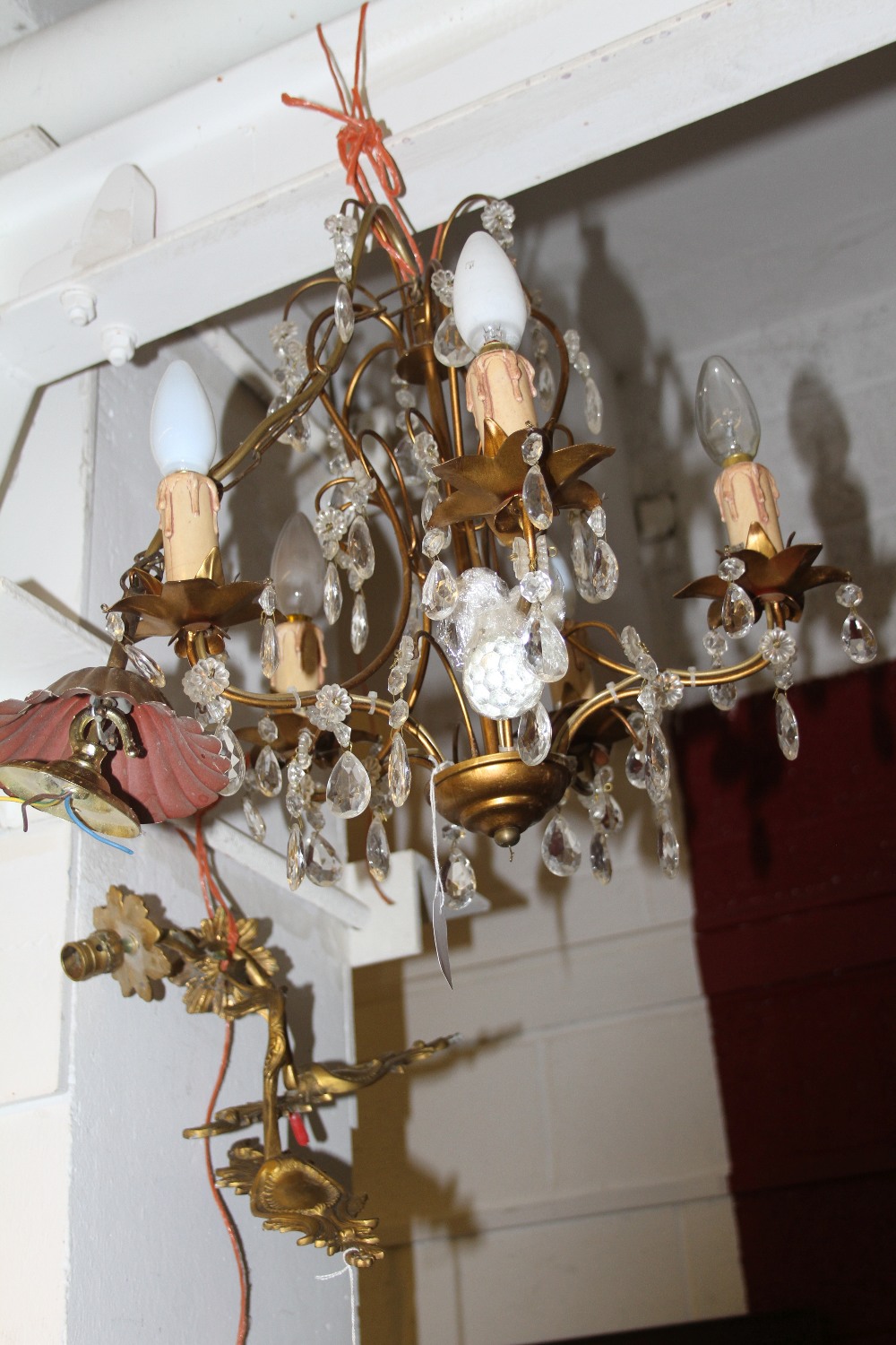 Antiques: 20th cent. French fire branch chandelier with crystal droplets. Plus a pair of gilt