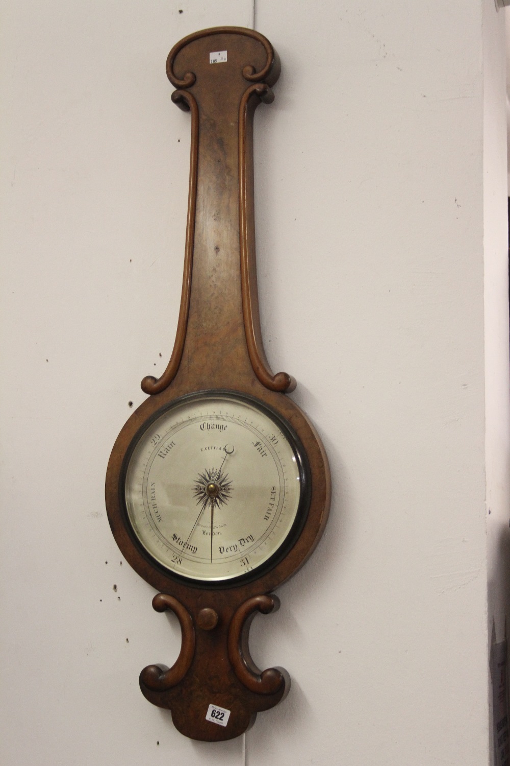 19th cent. Walnut cased banjo barometer E. Cetti, Brooke Street, Holborn. Silvered dial 10ins.