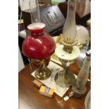 Lighting: 19th and 20th cent oil lamps 1 x full brass. 2 x with glass reservoir spare wick and