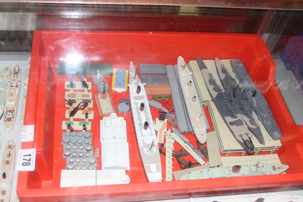 Toys: Diecast Minic and Tri-ang Quayside Harbour sets, H.M.S. Bulwark, Bismarck, Yamato, R.M.S.