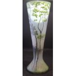 Early French art glass Daum vase of trumpet form birch trees with lake & houses in background.