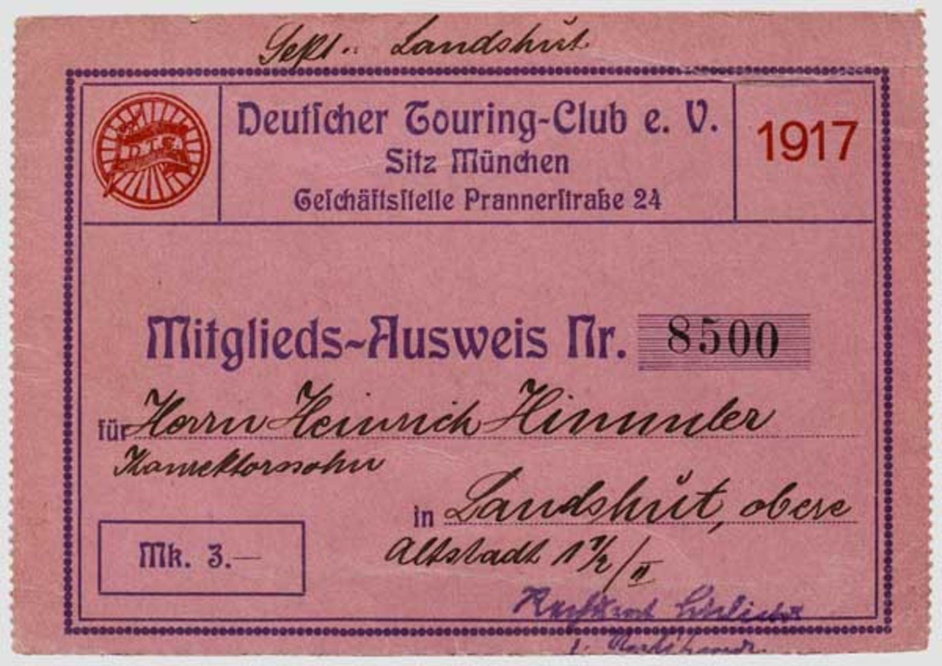 Heinrich Himmler - Mitgliedsausweis im Deutschen Touring-Club e.V. für das Jahr 1917 Rosafarbener