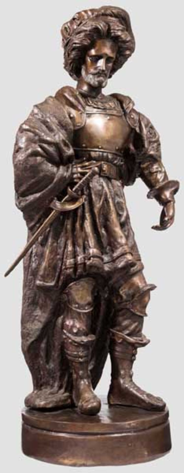 Bronzefigur eines Landsknechts, 20. Jhdt. Bronze mit braunschwarzer Patina. Plastisch modellierte