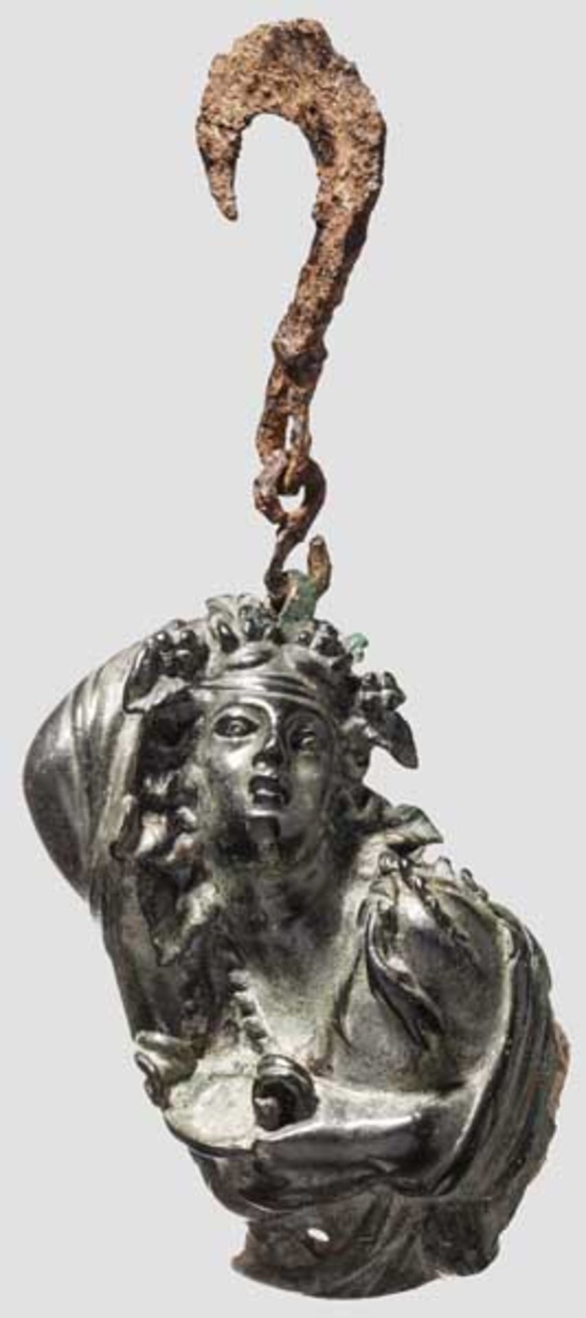 Römisches Bronzegewicht mit sekundär verarbeiteter Dionysosdarstellung, 2. - 3. Jhdt. Große und