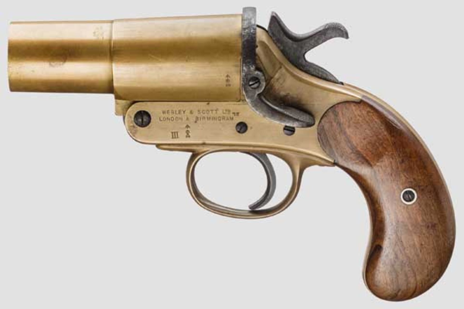 Signalpistole Webley & Scott Mark III Kal. 1", Nr. 1766. Nummerngleich. Blanker Lauf, Länge 4".