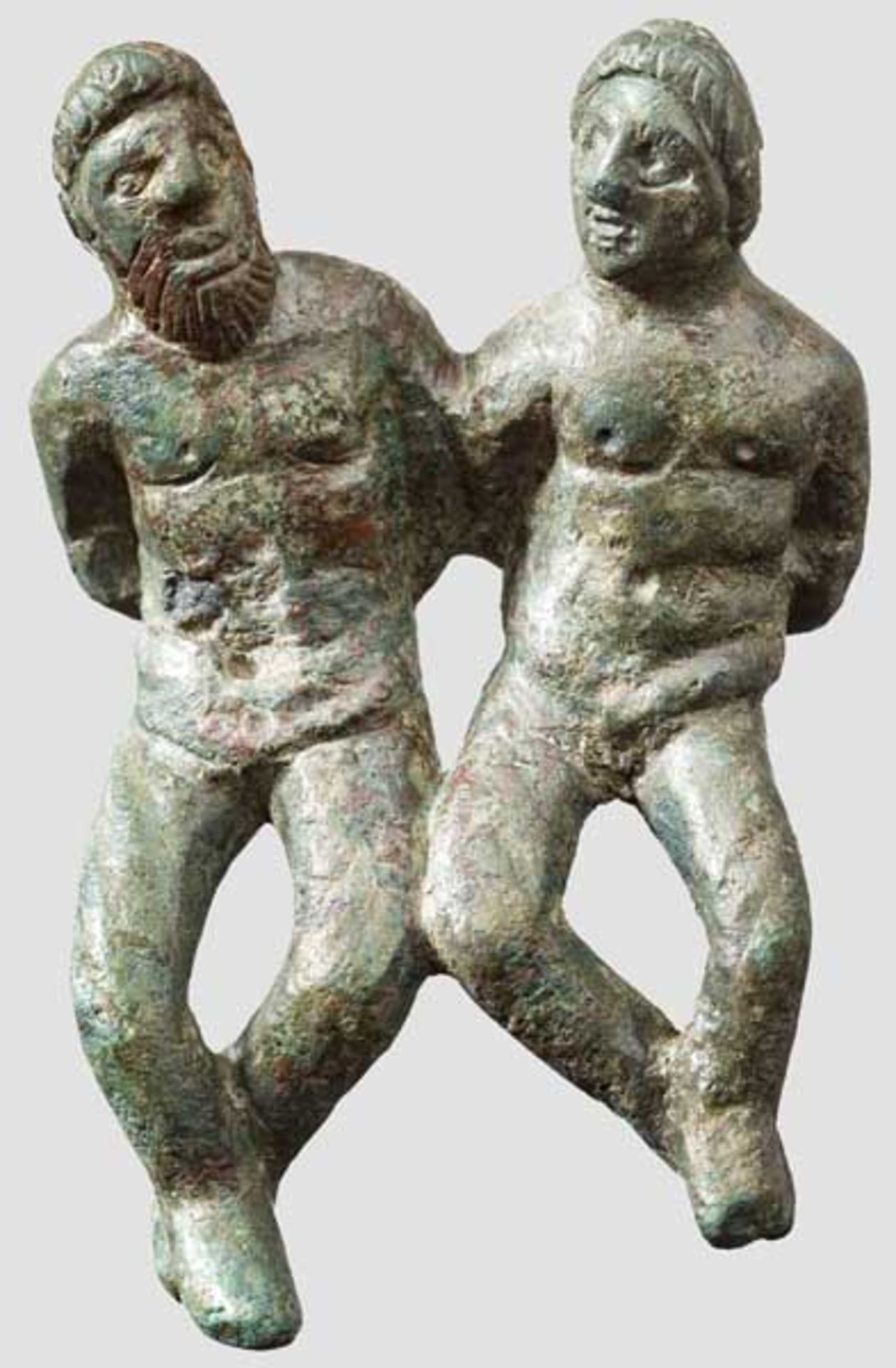 Bronzeplastik zweier gefangener Barbaren, römisch, 2. - 3. Jhdt. Zwei mit Strumpfhosen bekleidete