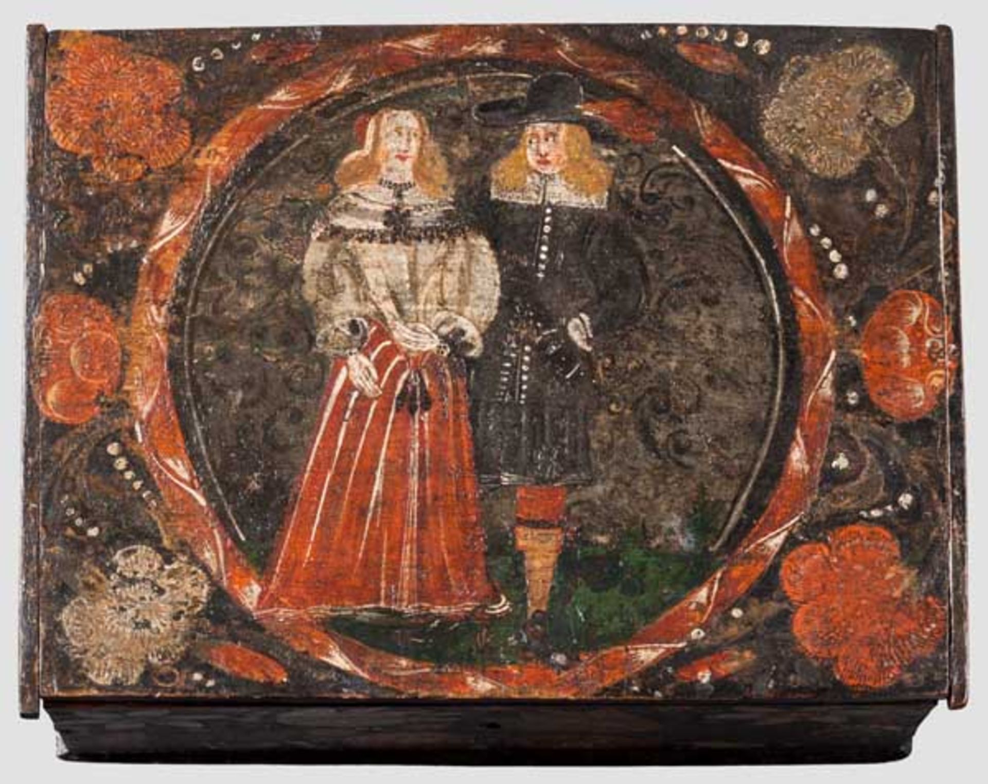 Barockes Hochzeitskästchen mit Wismut-Fassung, Oberschwaben um 1630 Rechteckiges Kästchen aus - Bild 3 aus 4
