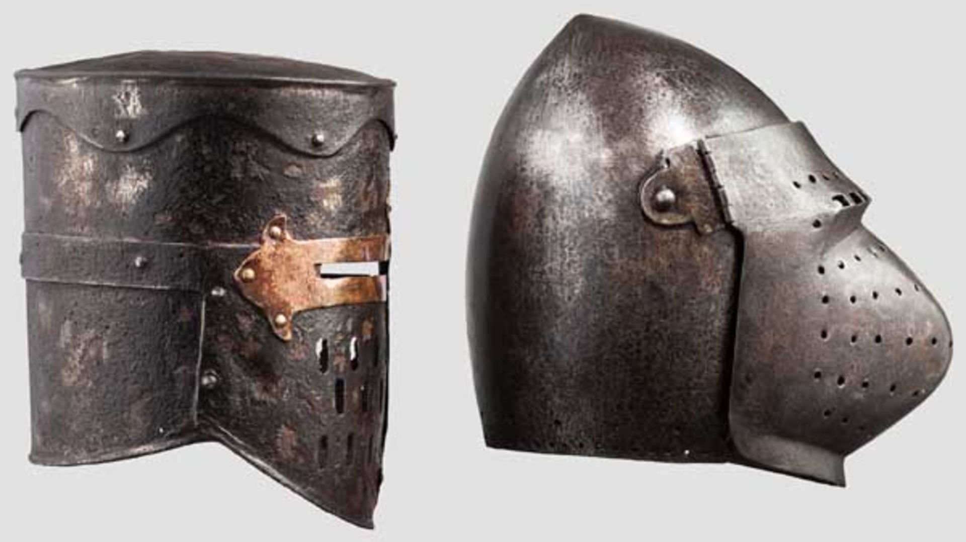 Beckenhaube und Topfhelm, Sammleranfertigungen im Stil des 14. bzw. 12. Jhdts. Beckenhaube mit - Bild 2 aus 2