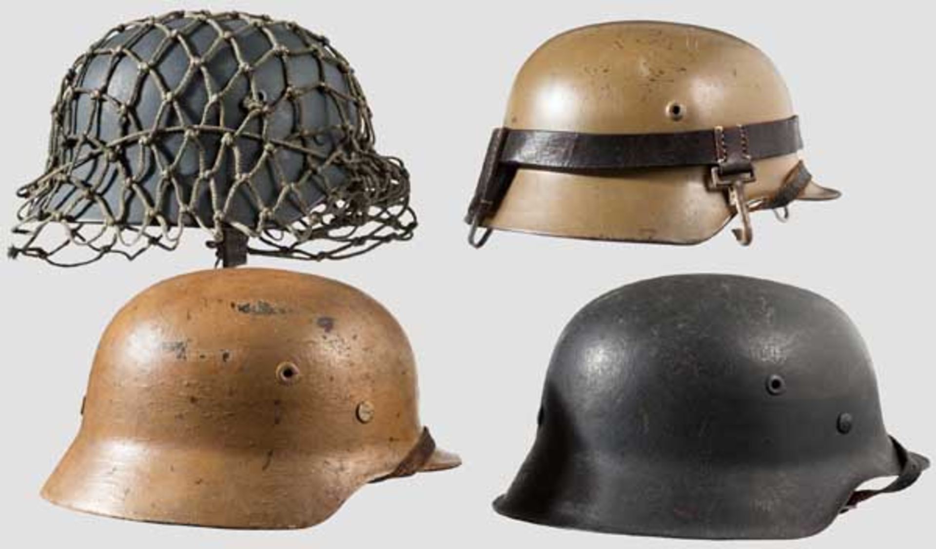 Vier Stahlhelme Drei Helme M 40, einer M 42. Größtenteils nachlackiert, komplett mit Kinnriemen - Bild 2 aus 6