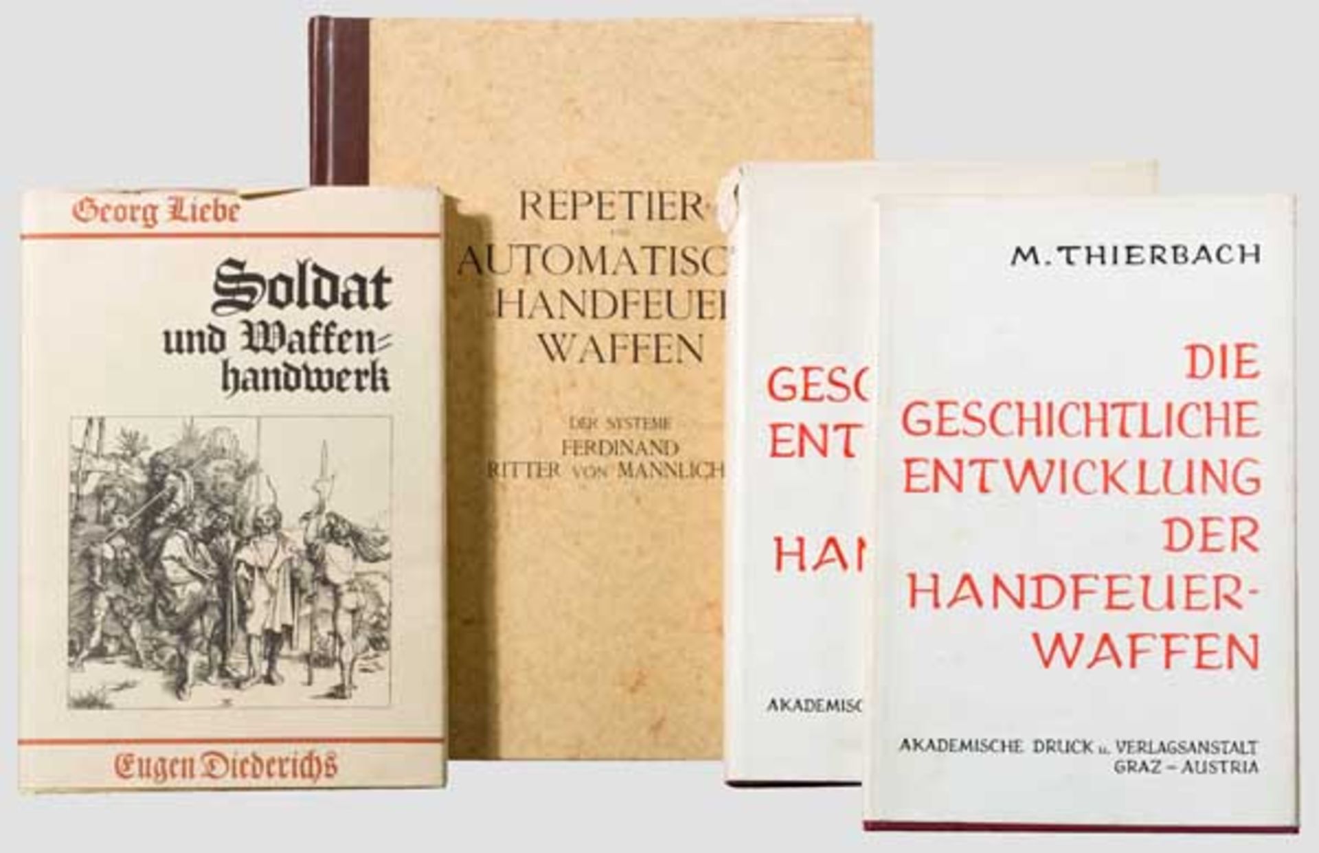 Drei Bücher bzw. Nachdrucke von Waffenbüchern Thierbach, von Kromar, Liebe Moritz Thierbach, Die