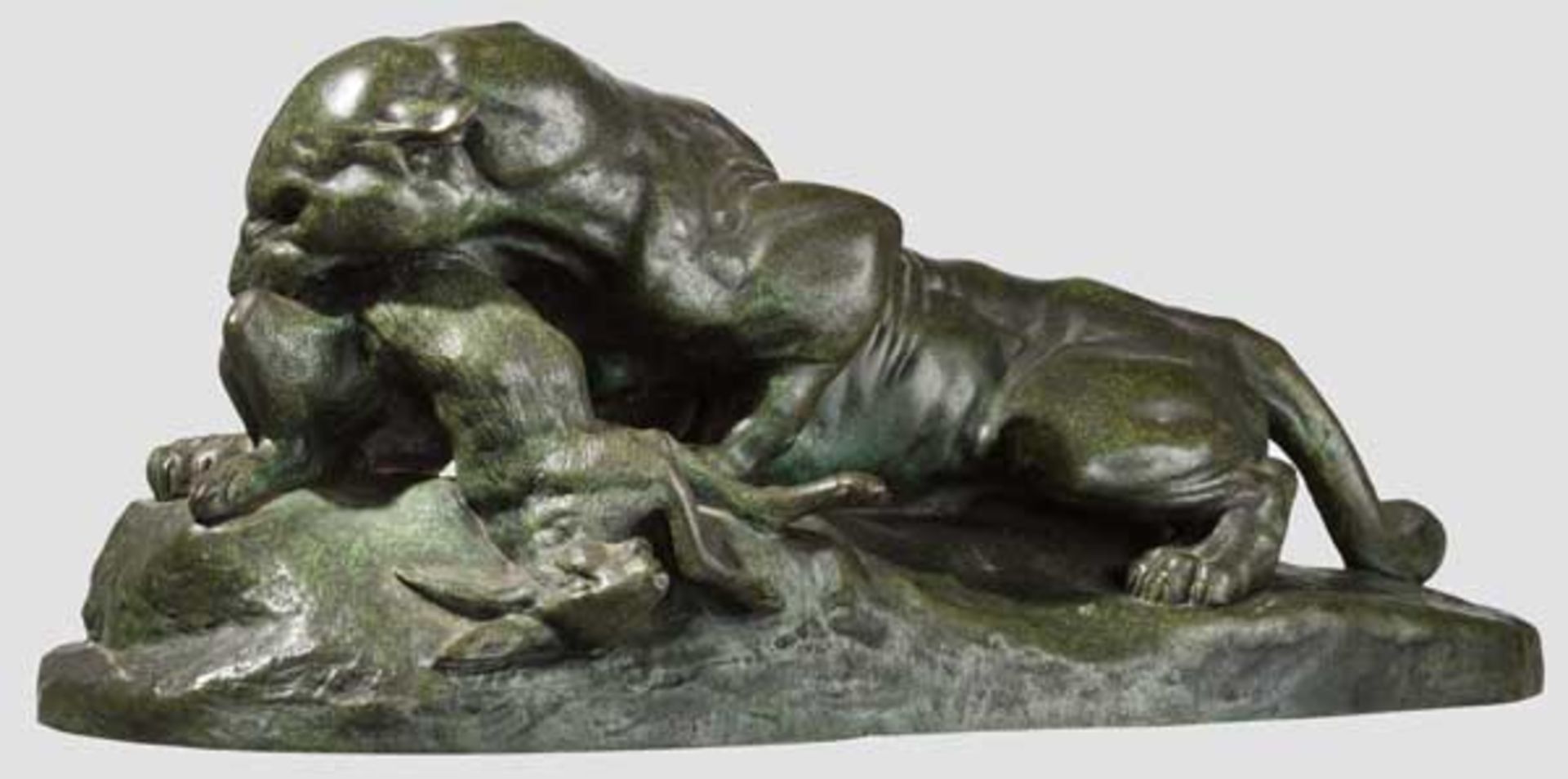 Antoine Louis Barye (1795 - 1875) - Bronze "Panther einen Hasen schlagend" Bronzefigur eines