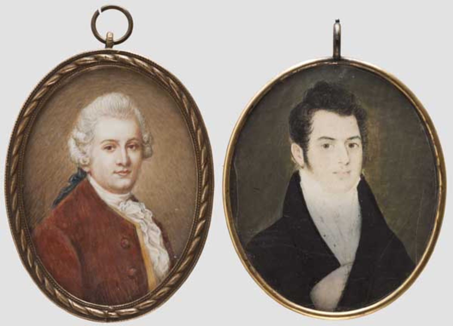 Zwei Portrait-Miniaturen, Ende 18. Jhdt. bzw. um 1800 Jeweils auf Elfenbein gemalte Miniatur eines