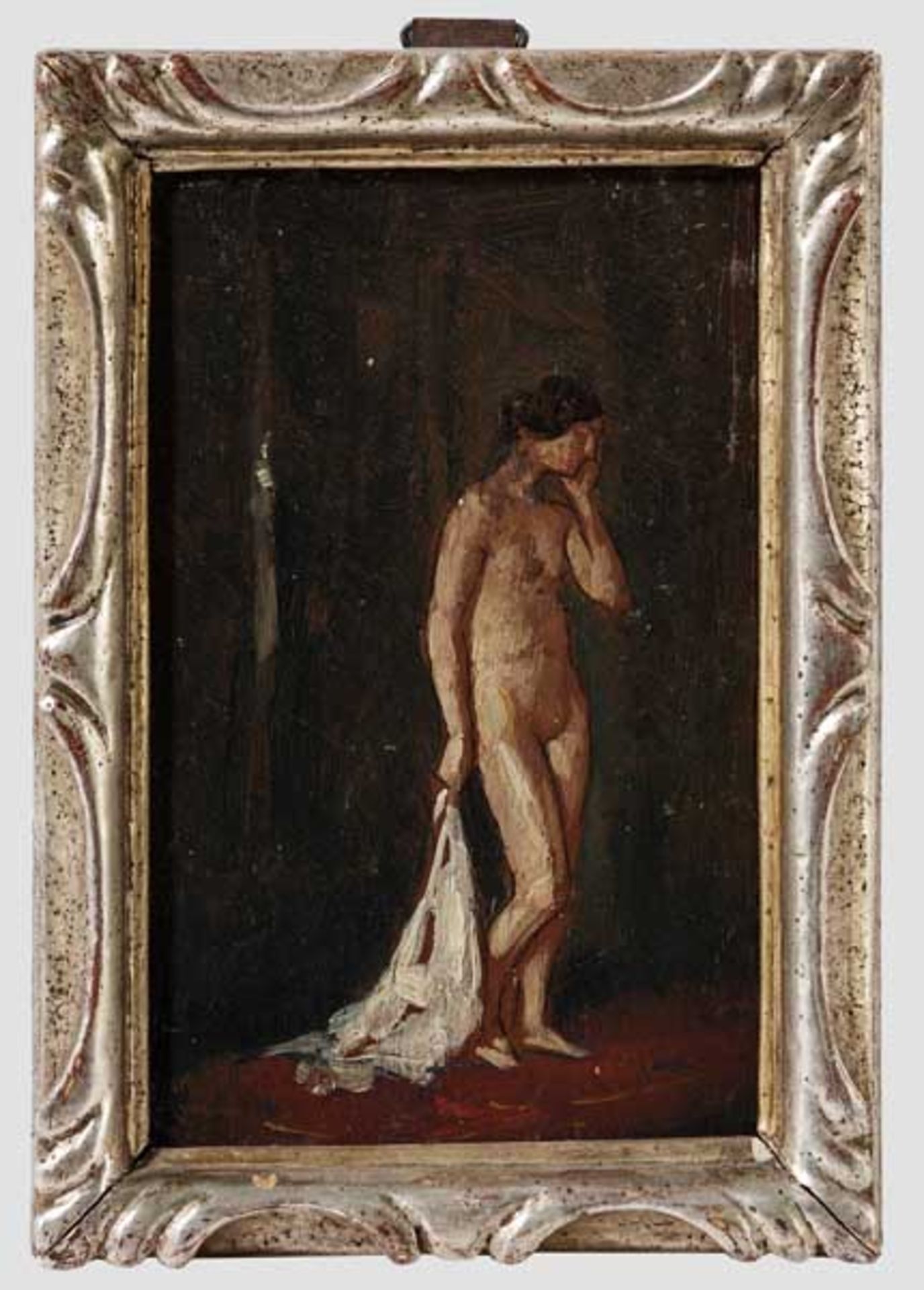 Hermann Lindenschmit, München, (1857 - 1939), weiblicher Akt Öl auf Holz. Stehender, weiblicher