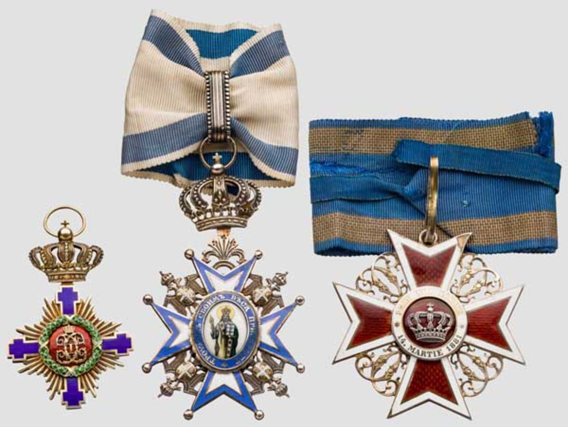 Drei Ordensdekorationen Kommandeurkreuz des 1. Modells des Ordens der Rumänischen Krone am