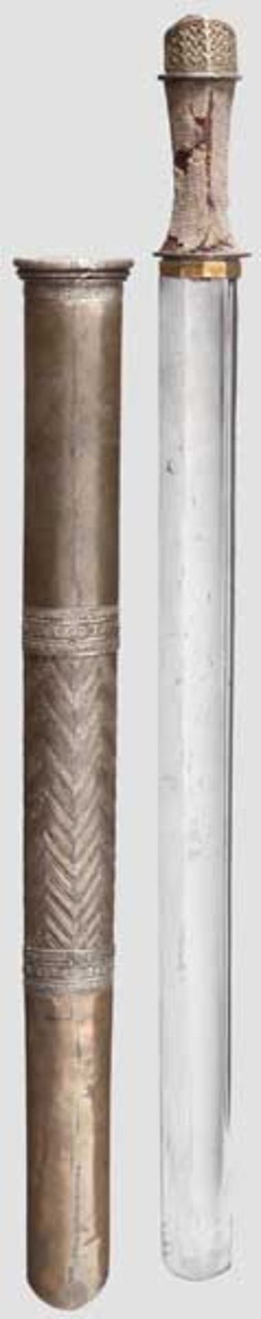 Schwert, Tibet, 19. Jhdt. Ungewöhnlich breite und schwere, beidseitig doppelt gekehlte - Bild 2 aus 3