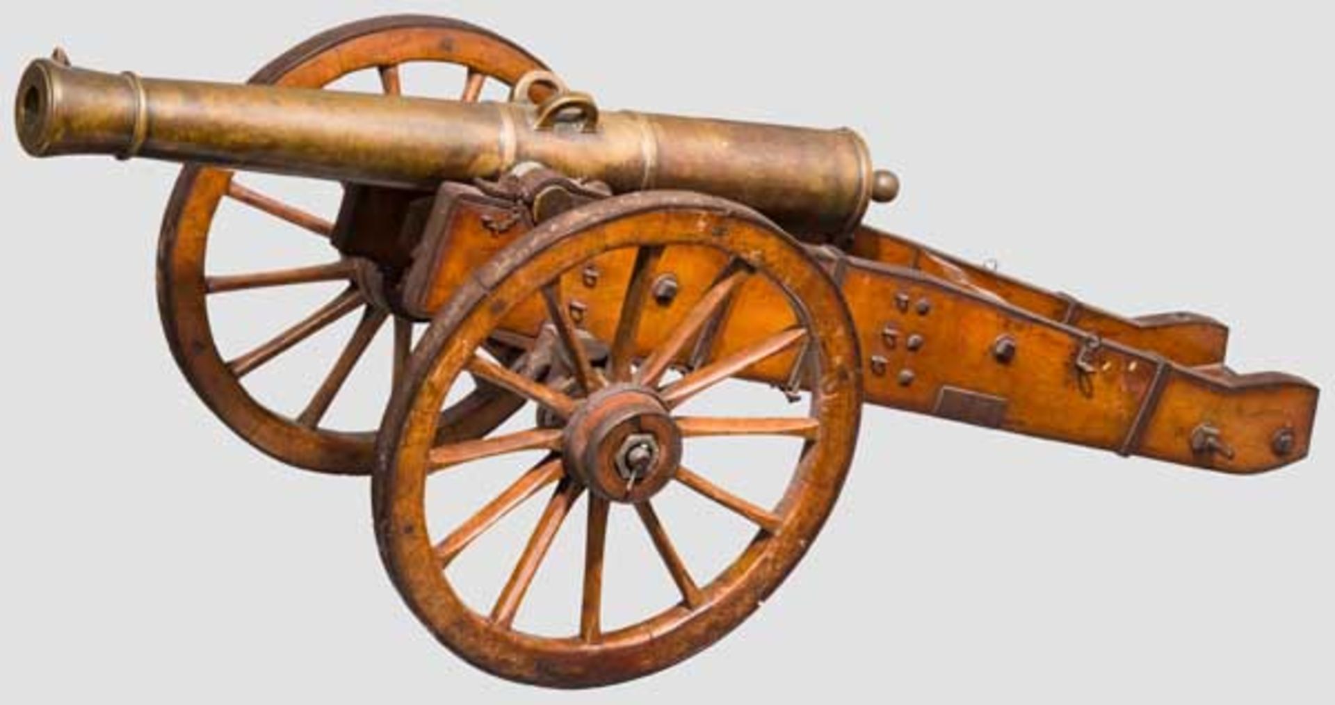 Modell eines Feldgeschützes, 19. Jhdt. Bronzerohr im Kaliber 19,5 mm, kanonierte Mündung, Vorder-,