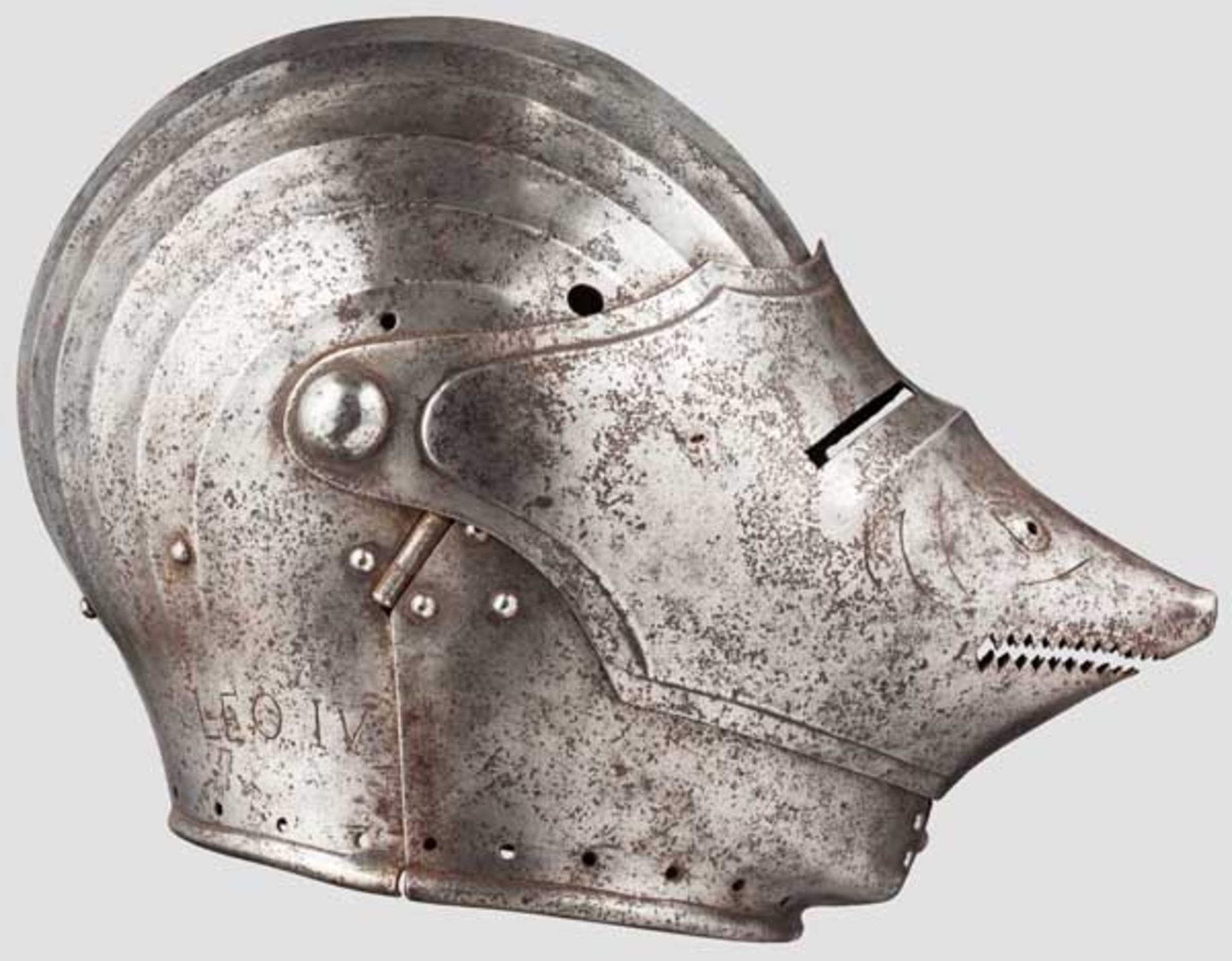 Helm mit Schembartvisier, Sammleranfertigung im Stil des 14. Jhdts. Einteilig geschlagene, - Bild 2 aus 3