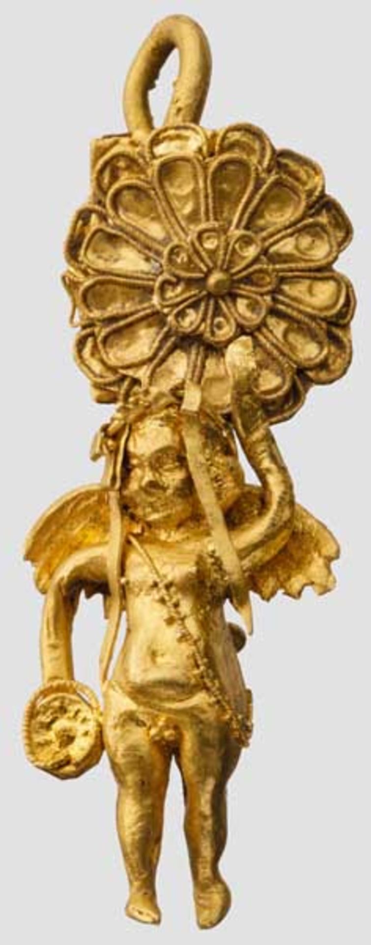 Hellenistischer Goldohrring mit Erot, 4. - 3. Jhdt. v. Chr. Zweiteilig gearbeitete Miniaturplastik