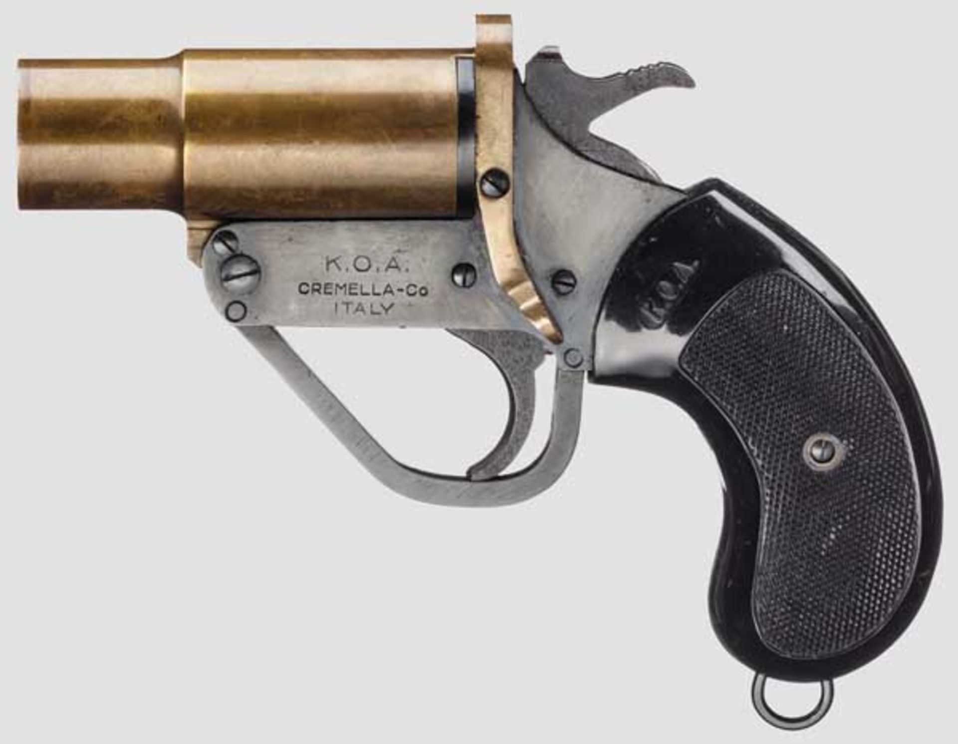 Signalpistole K.O.A. Cremella Kal. 4, Nr. 10. Fast blanker Kipplauf, Länge 90 mm. Links am Rahmen