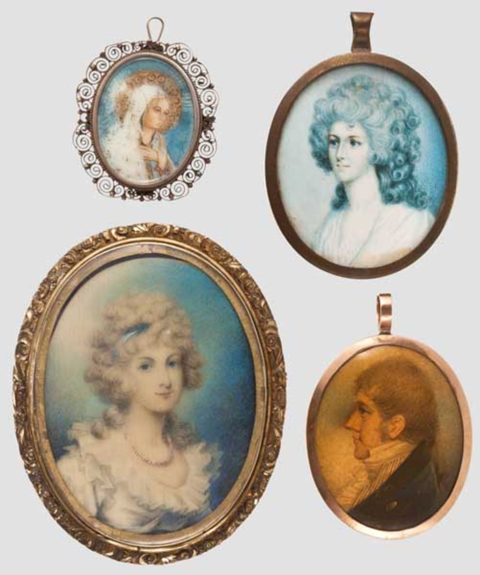 Vier Portrait-Miniaturen, 19. Jhdt. Auf Elfenbein bzw. Papier gemalte ovale Miniaturen unter Glas