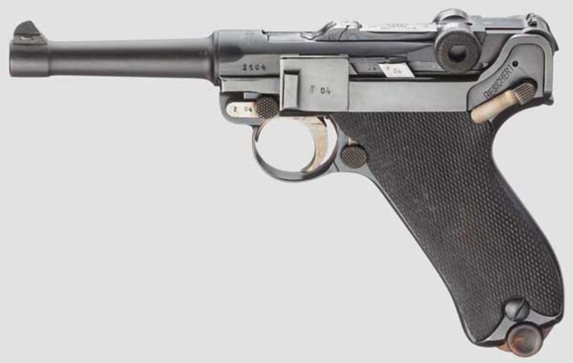 Pistole 08, Erfurt 1913 Kal. 9 mm Para, Nr. 2104. Nummerngleich bis auf Schlagbolzen. Lauf schwach