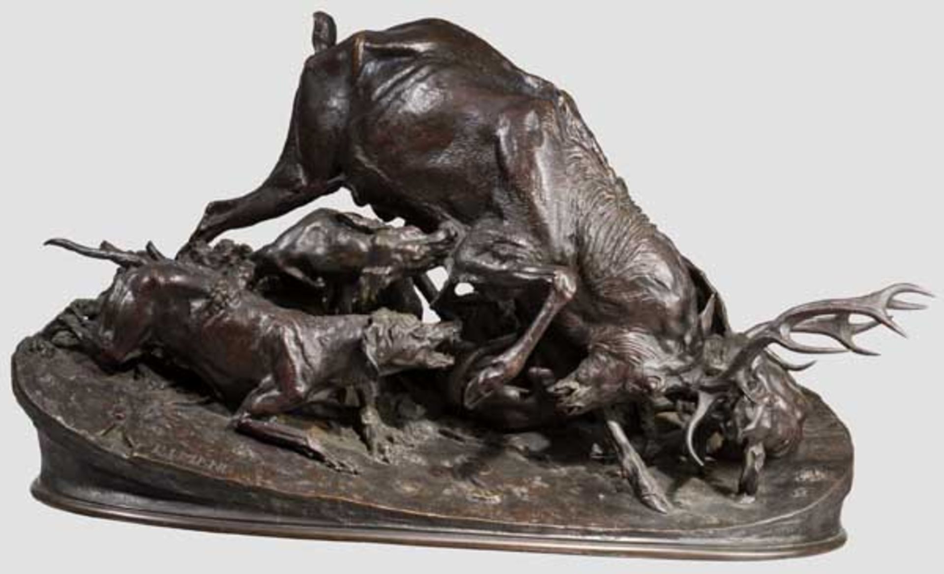 Pierre Jules Mêne (1810 - 1879) - jagdliche Bronze "Grande Chasse au Cerf" Mächtiger Hirsch wird von