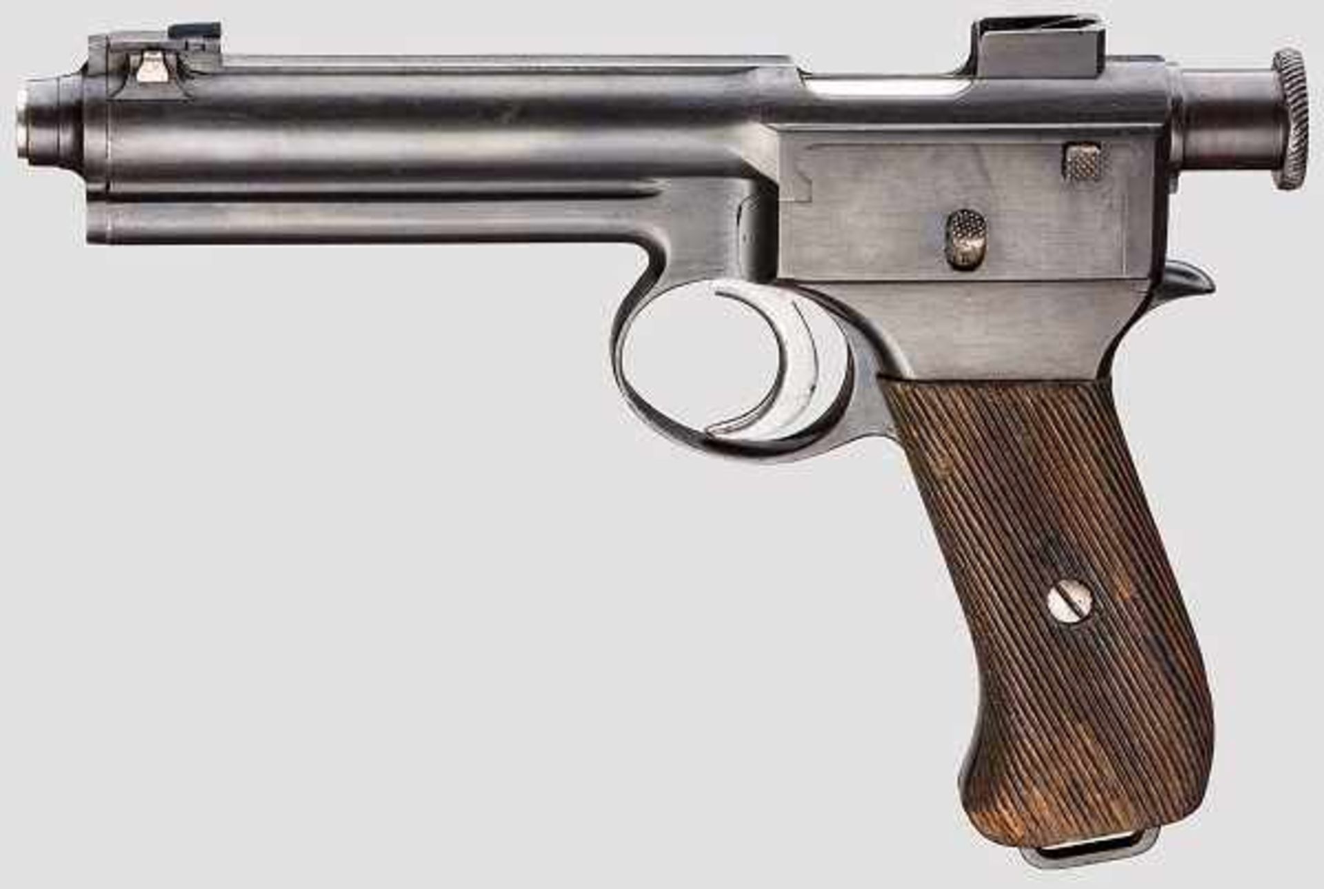 Roth-Steyr Mod. 07 Kal. 8 mm Steyr, Nr. 45435. Nummerngleich. Lauf matt. Zehnschüssig. Dt. Beschuss.