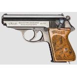 Walther PPK, ZM Kal. 7,65 mm, Nr. 964623. Blanker Lauf. Siebenschüssig. Beschuss Krone/N.