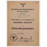 Matrosenhauptgefreiter "Scharnhorst" Heinrich Schmidt - Urkunde zum Flotten-Kriegsabzeichen