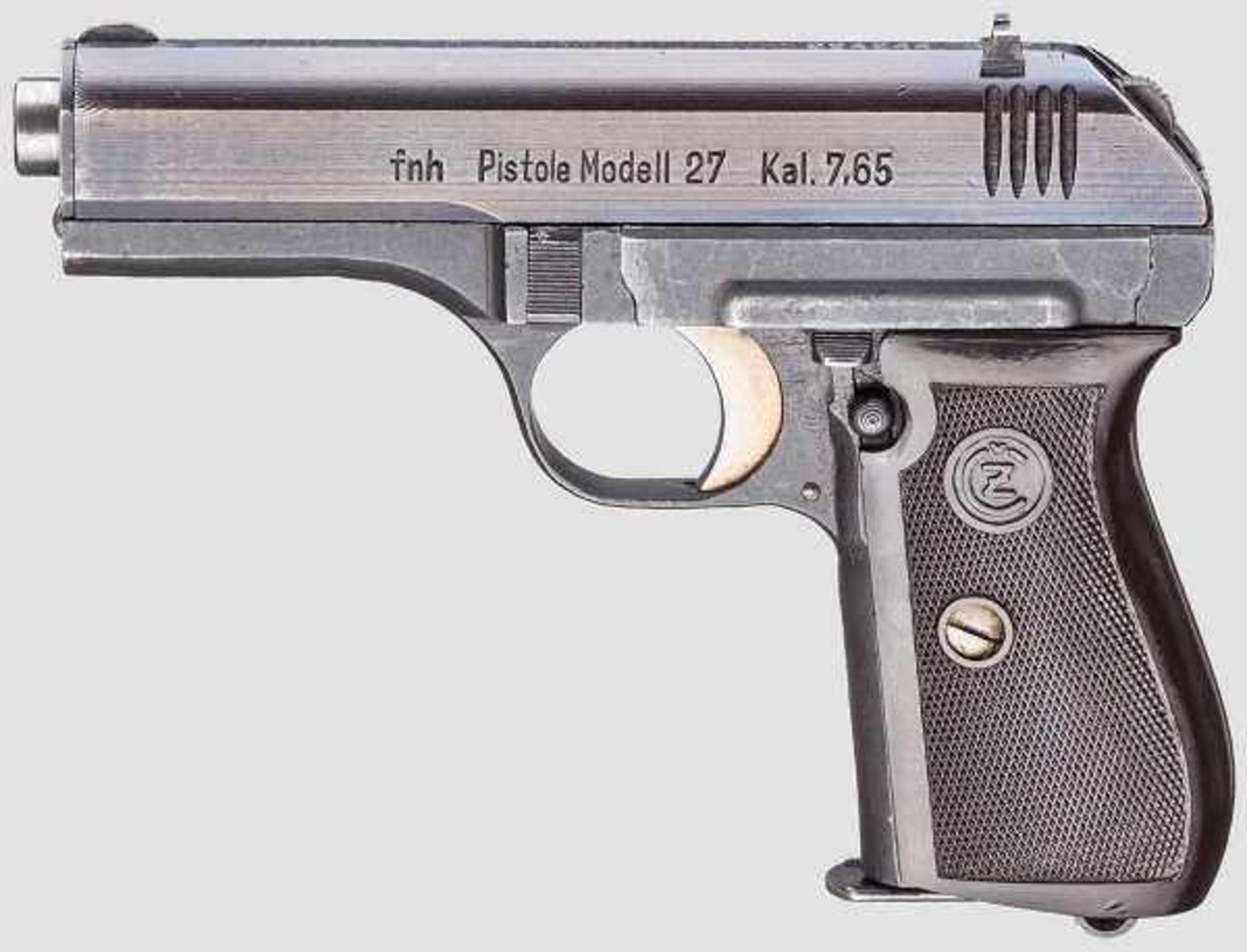 CZ Mod. 27, Code "fnh", mit Tasche Kal. 7,65 mm, Nr. 294244. Nummerngleich. Blanker Lauf.