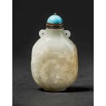 A White Jade Snuff Bottle with Floral Design, Qing Dynasty 清代白玉花卉紋鼻煙壺 Width 4.9 cm, height 8.2 cm. 寬