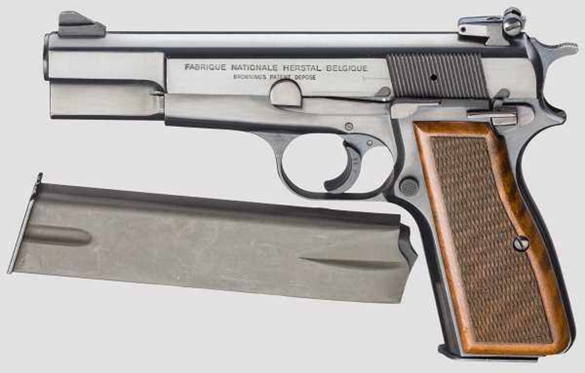 FN HP Mod. Sport Kal. 9 mm Luger, Nr. 77C47441. Blanker Lauf. 13-schüssig. Gültiger Beschuss.