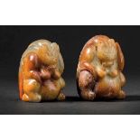 A Pair of Jade Bears Rendered in Round, Han Dynasty 漢代圓雕玉熊 （一對） A pair of celadon jade bear.
