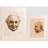 Papst Johannes XXIII. - zwei Portraits von Prof. Stefano Locatelli Bleistiftzeichnungen, farbig