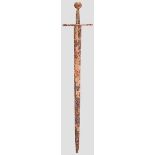 Ritterliches Scheibenknaufschwert, deutsch um 1300 Breite, zweischneidige Klinge mit beidseitig
