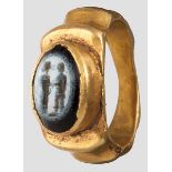 Goldfingerring mit Nicologemme, römisch, 3. Jhdt. Auf der Unterseite schmales Ringband, dass sich