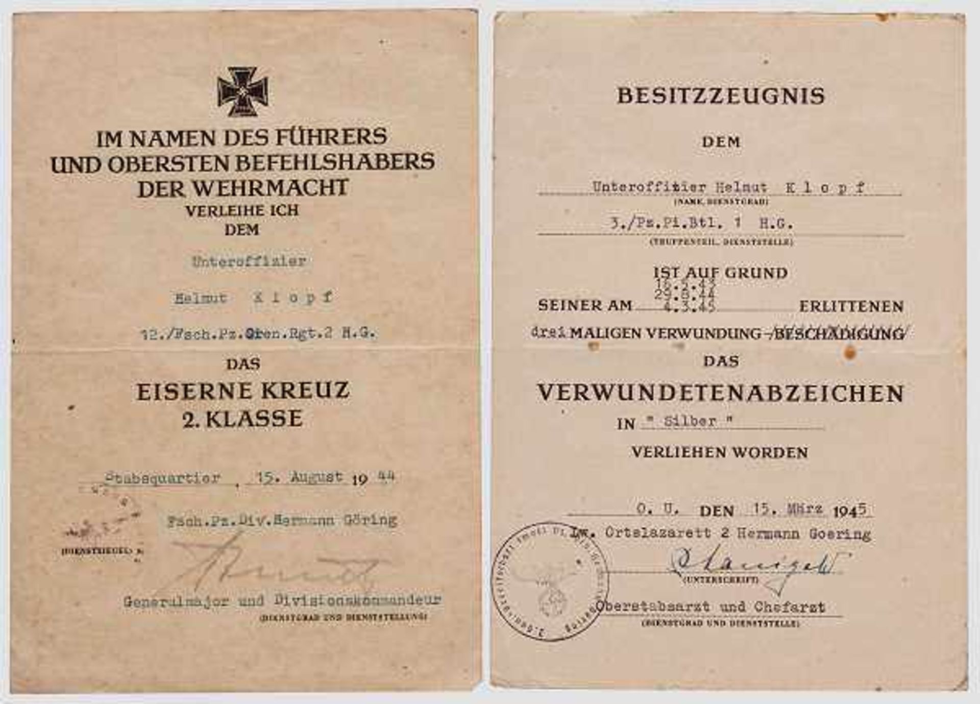 Feldwebel "Hermann Göring" Helmut Klopf - Dokumentengruppe zum Panzerkampfabzeichen der Luftwaffe