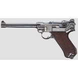 Pistole 04 (1908), DWM Kal. 9 mm Luger, Nr. 7566b. Nummerngleich. Blanker Lauf, Länge 150 mm.