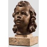 Mädchen-Portraitbüste Bronze-Hohlguss, patiniert. Anmutiger, vollplastischer Kopf eines etwa