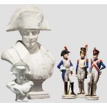 Zwei Napoleonbüsten und drei französische Soldaten europäischer Porzellanmanufakturen, 20. Jhdt.