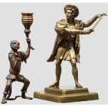 Affenleuchter und Figur eines Schwertkämpfers Bronzen, 19. Jhdt. Der Affe ohne rechten Unterarm.