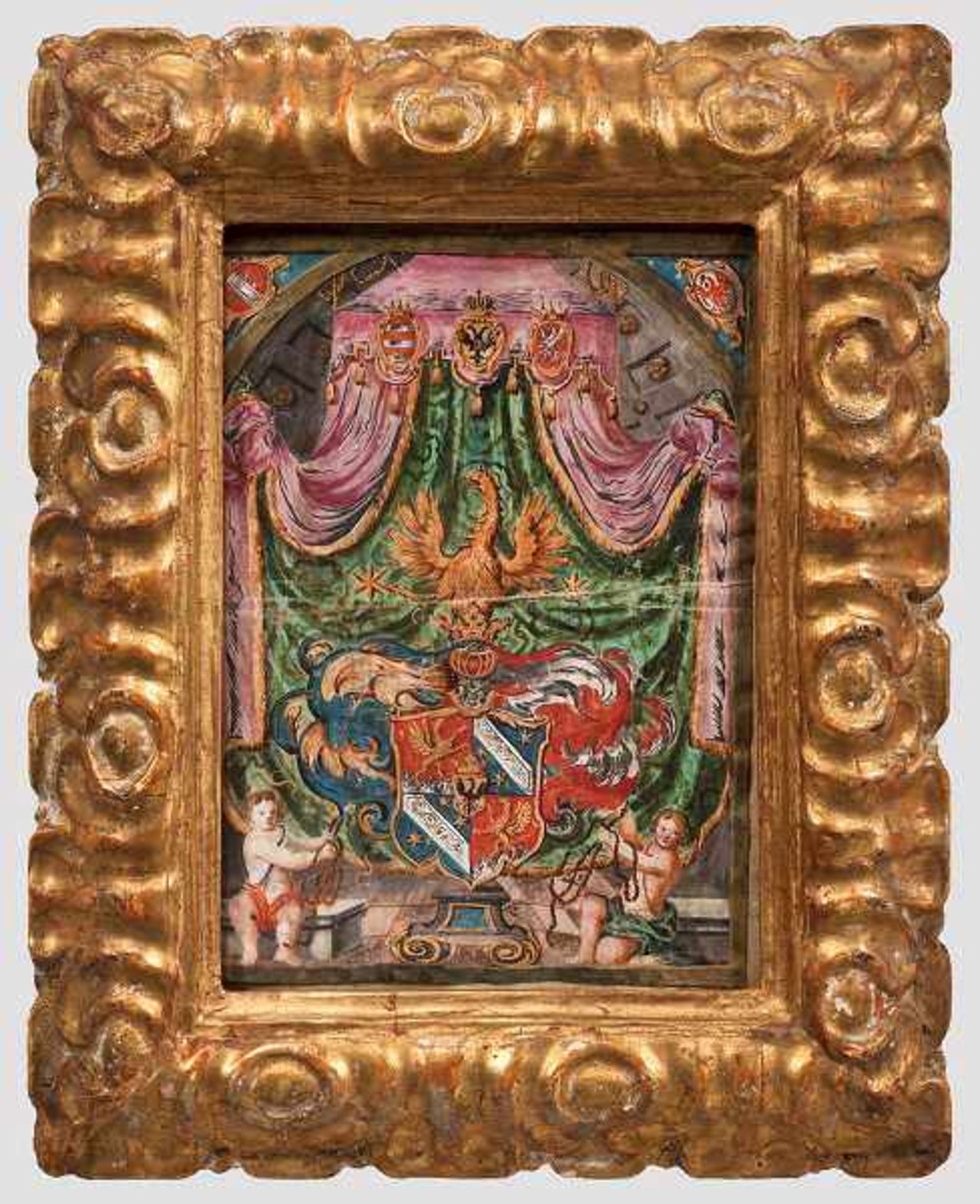 Barockes Wappen, Tirol, datiert 1673 Aufwändig ausgeführte, polychrome Wappendarstellung in