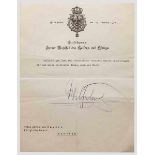 Prinz Alfons von Bayern - Dankschreiben Kaiser Wilhelms II. 1930 Gedruckter Briefkopf "